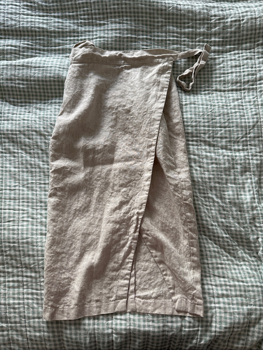 Reformation Taupe Linen Wrap Midi Skirt with Side Tie